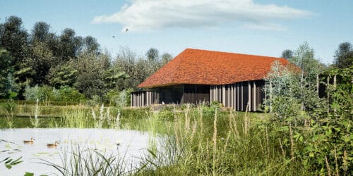 View across pond at New Surries, a paragraph 84 house in the High Weald National Landscape by Hawkes Architecture Ltd