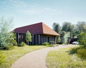 Arrival view of New Surries, a paragraph 84 house in the High Weald National Landscape by Hawkes Architecture Ltd