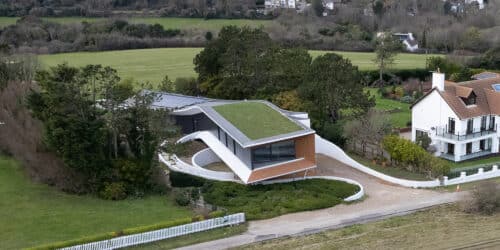 Aerial view of Cliff Top House, a Para 80 (formerly Para 55), energy efficient passive house. Another grand design by Hawkes Architecture.