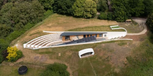 Ariel view of Bigbury Hollow, a PPS 7 energy efficient passive house. Another grand design by Hawkes Architecture.