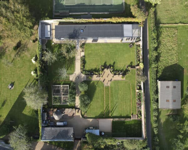 Aerial view of Walled garden, a contemporary new build within a Grade II Listed walled garden, designed by Hawkes Architecture.