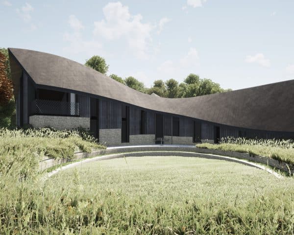 Render of the garden at Bough House, a Para 80 / 134, energy efficient passive house. Another grand design by Hawkes Architecture.