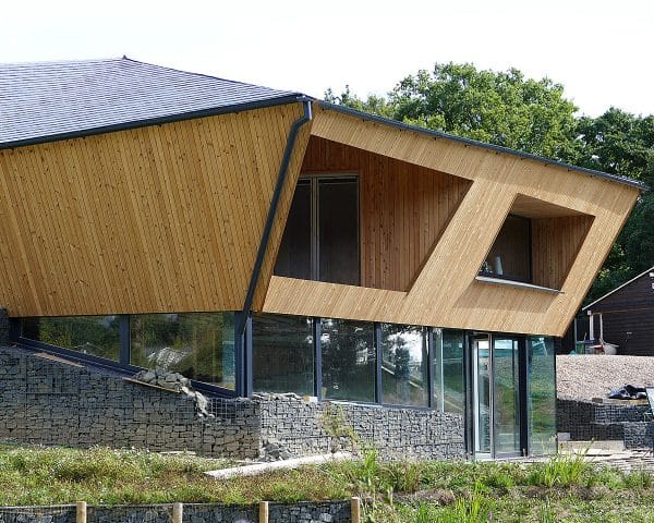 Side elevation at Brooks Barn a Para 55, energy efficient passive house. Another grand design by Hawkes Architecture.