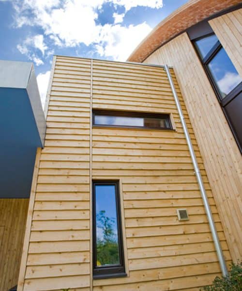 Exterior detail of the cladding at Crossway, a PPS 7, energy efficient Passivhaus. Designed by Hawkes Architecture and featured on Channel 4's Grand Designs.