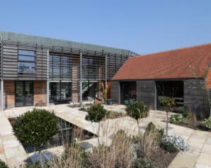 The courtyard at Echo Barn, a Para 55 energy efficient passive house. Another grand design by Hawkes Architecture.