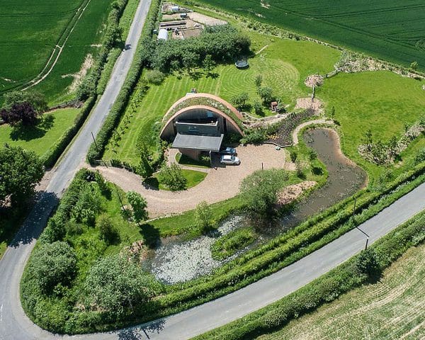 Aerial view of Crossway, a PPS 7, energy efficient Passivhaus. Designed by Hawkes Architecture and featured on Channel 4's Grand Designs.