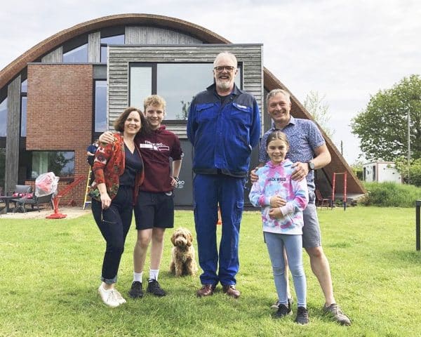 Actor Greg Davies filming at Crossway, a Para 80 (PPS 7), energy efficient Passivhaus. Designed by Hawkes Architecture and featured on Channel 4's Grand Designs.