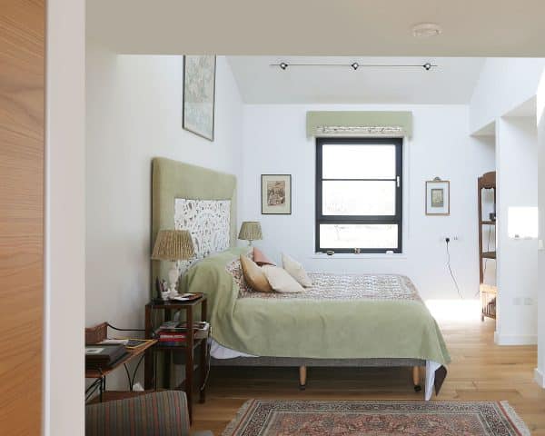 The bedroom at Echo Barn, a Para 55 energy efficient passive house. Another grand design by Hawkes Architecture.