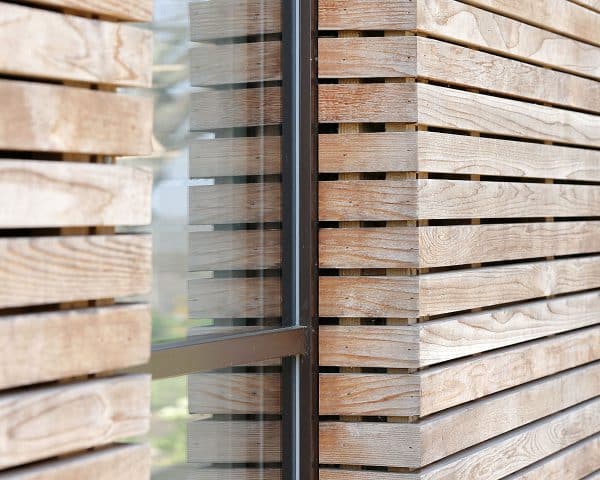 Exterior detail of the cladding at Echo Barn, a Para 55 energy efficient passive house. Another grand design by Hawkes Architecture.