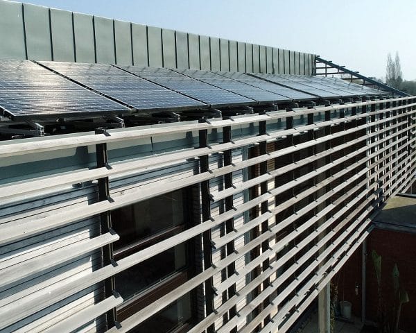 Exterior detail of the roof and solar panels at Echo Barn, a Para 55 energy efficient passive house. Another grand design by Hawkes Architecture.