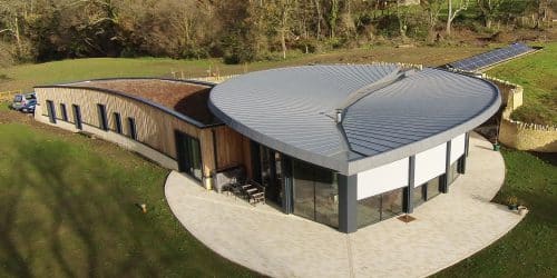 The leaf shaped zinc roof at Headlands, a Para 55, energy efficient passive house. Another grand design by Hawkes Architecture.