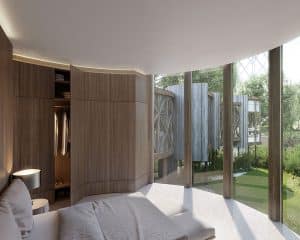 The bedroom at Tree House, a Para 55 energy efficient passive house. Another grand design by Hawkes Architecture.