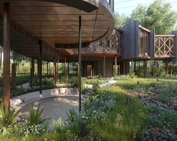 Seating area under Tree House, a Para 55 energy efficient passive house. Another grand design by Hawkes Architecture.