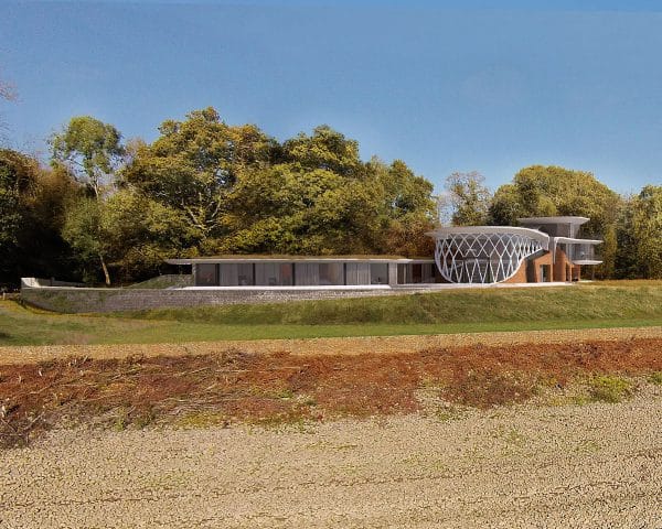 Front elevation of Waterside, a replacement dwelling designed by Hawkes Architecture.