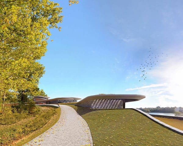 Entrance at Waterside, a replacement dwelling designed by Hawkes Architecture.