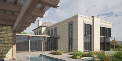 Garden at Winchester, showing the pool and planting, a contemporary country house designed by Hawkes Architecture.