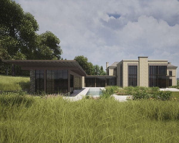 Garden view of Winchester, a contemporary country house designed by Hawkes Architecture.