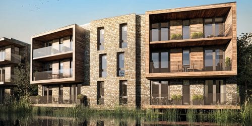 Apartments around Milestone lakes in the Cotswolds. The Lakes is an energy efficient Passivhaus eco development designed by Hawkes Architecture.