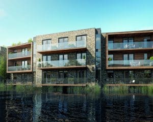 Apartments around Milestone lakes in the Cotswolds. The Lakes is an energy efficient Passivhaus eco development designed by Hawkes Architecture.