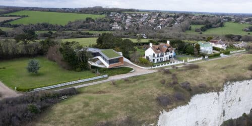 Aerial view of Cliff Top House, a Para 80 (formerly Para 55), energy efficient passive house. Another grand design by Hawkes Architecture.