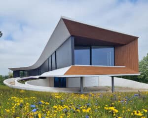 Side elevation of Cliff Top House, a Para 80 (formerly Para 55), energy efficient passive house. Another grand design by Hawkes Architecture.