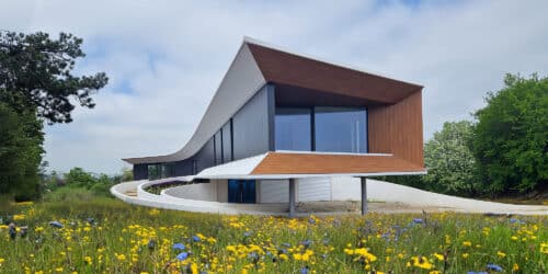 Side elevation of Cliff Top House, a Para 80 (formerly Para 55), energy efficient passive house. Another grand design by Hawkes Architecture.