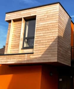 Building detail of St Faith's Community Centre, a low energy new build, designed by Hawkes Architecture.