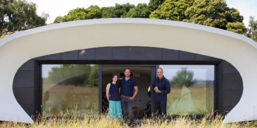 Grand Designs Kevin MCCloud and the owners of Bigbury Hollow, a PPS 7 energy efficient passive house. Another grand design by Hawkes Architecture.