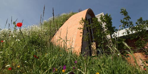 Timbrel vaulted arch & living roof at Crossway, a PPS 7, energy efficient Passivhaus. Designed by Hawkes Architecture and featured on Channel 4's Grand Designs.