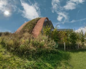 Timbrel vaulted arch and living roof at Crossway, a PPS 7, energy efficient Passivhaus. Designed by Hawkes Architecture and featured on Channel 4's Grand Designs.