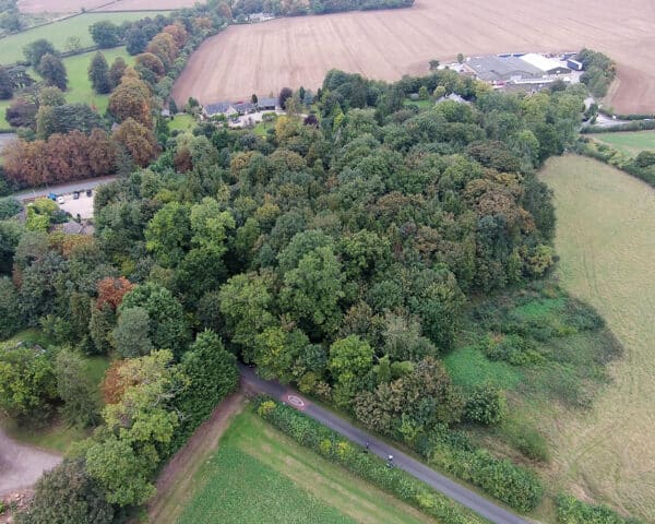 Aerial view of the site for the proposed building, Tree House, a Para 84 energy efficient passive house. Another grand design by Hawkes Architecture.