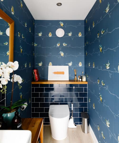 Downstairs toilet at Whitsunden Oast, a contemporary extension & barn conversion designed by Hawkes Architecture.