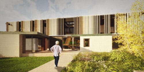 Render of the back elevation of Grove Farm Woods, a Para 84 energy efficient passive house. Another grand design by Hawkes Architecture.