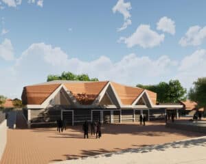 Render of Divine Retreat, a new auditorium designed by Hawkes Architecture.