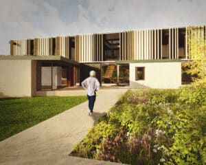 Render of the back elevation of Grove Farm Woods, a Para 84 energy efficient passive house. Another grand design by Hawkes Architecture.