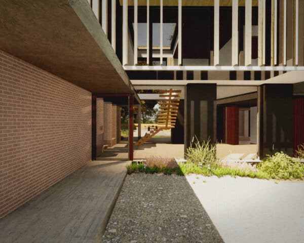 Redner of the entrance of Grove Farm Woods, a Para 84 energy efficient passive house. Another grand design by Hawkes Architecture.