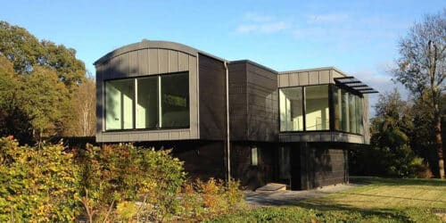 Front elevation of Stealth Barn, a contemporary passive barn designed by Hawkes Architecture.