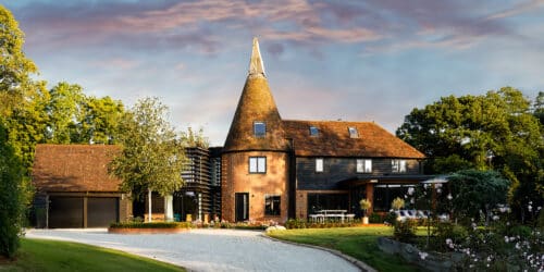 Arrival view of Whitsunden Oast, a contemporary extension & barn conversion designed by Hawkes Architecture.