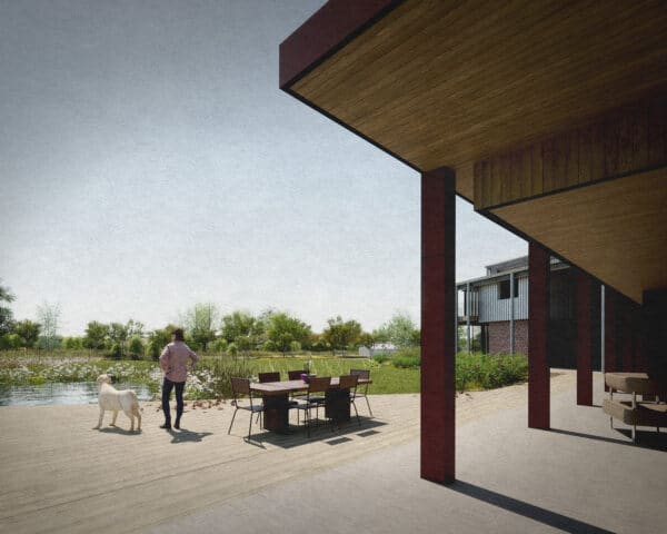 Render of decking at Flybarn farm, a Para 84 energy efficient passive house. Another grand design by Hawkes Architecture.