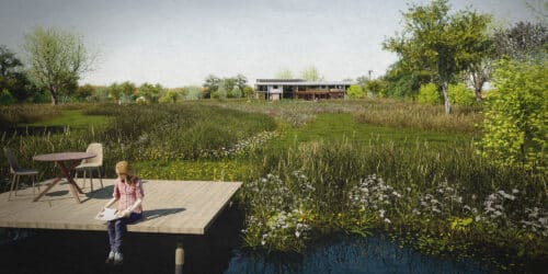 Render of the east pond view of Flybarn farm, a Para 84 energy efficient passive house. Another grand design by Hawkes Architecture.