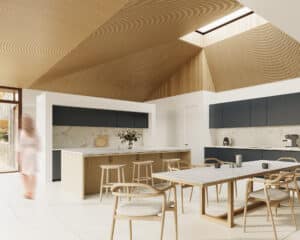 The interior showing the kitchen at Forty Acre East, a Para 84 energy efficient passive house. Another grand design by Hawkes Architecture.