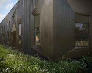 Exterior detail of the cladding at Foxbury Lane, a Para 80, energy efficient passive house. Another grand design by Hawkes Architecture.