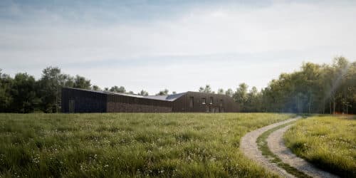 External view at Foxbury Lane, a Para 80, energy efficient passive house. Another grand design by Hawkes Architecture.