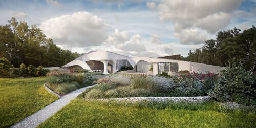 South courtyard garden at Foxbury Lane, a Para 80, energy efficient passive house. Another grand design by Hawkes Architecture.