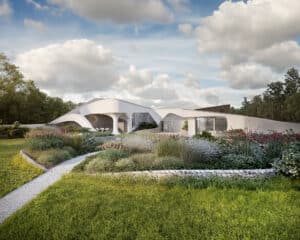 South courtyard garden at Foxbury Lane, a Para 80, energy efficient passive house. Another grand design by Hawkes Architecture.