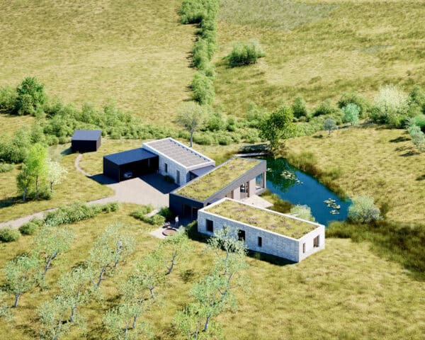 Aerial view of a new Para 84 house overlooking a pond in rural Devon. Another grand design by Hawkes Architecture.