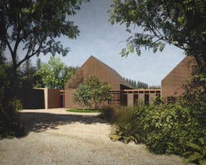 South facing arrival elevation of this paragraph 84 house gives a sense of solidity while remaining transparent to capture passive solar gains.