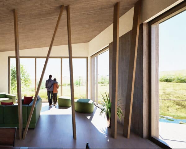 Interior view from the living space of a new Para 84 house overlooking a pond in rural Devon. Another grand design by Hawkes Architecture.