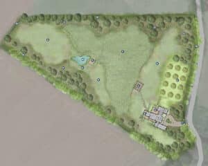 Enhanced landscape masterplan in development for a new Paragraph 84 house in the Hampshire Downs