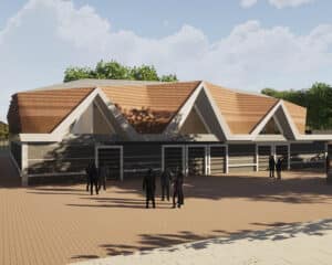 Render of Divine Retreat, a new auditorium designed by Hawkes Architecture.